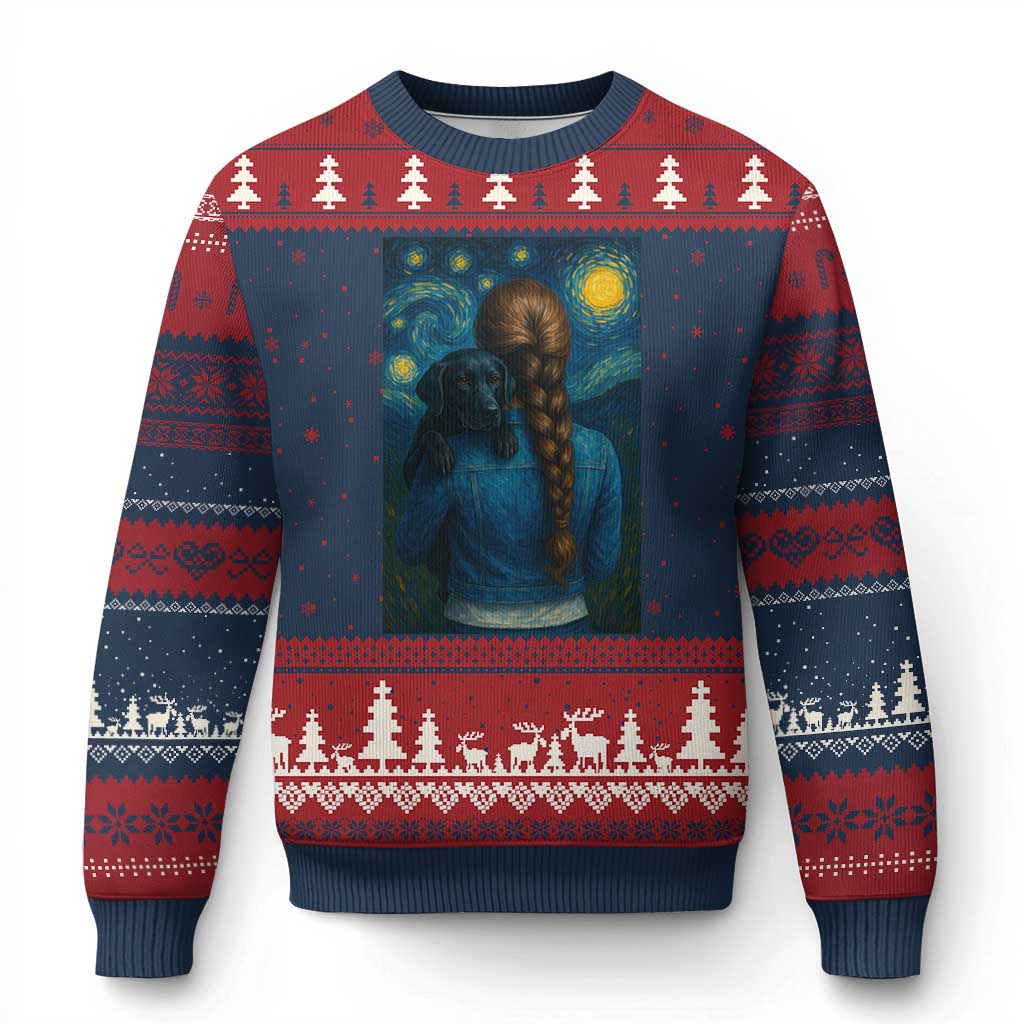 Starry Night Art Parody Ugly Christmas Sweater Girl And Labrador Retriever Dog Mom Gift - Print Your Wear