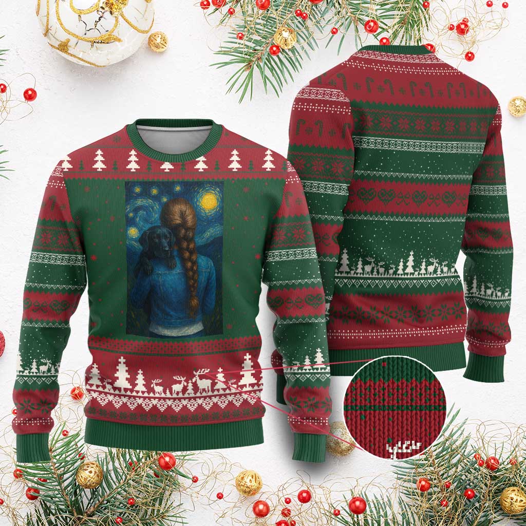 Starry Night Art Parody Ugly Christmas Sweater Girl And Labrador Retriever Dog Mom Gift TS12 Red Green Print Your Wear