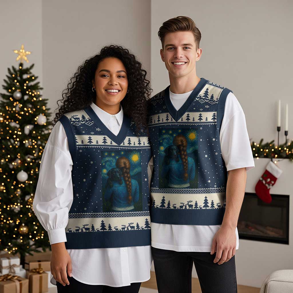 Starry Night Art Parody V-Neck Knit Sweater Vest Girl And Labrador Retriever Dog Mom Gift TS12 Navy Beige Print Your Wear