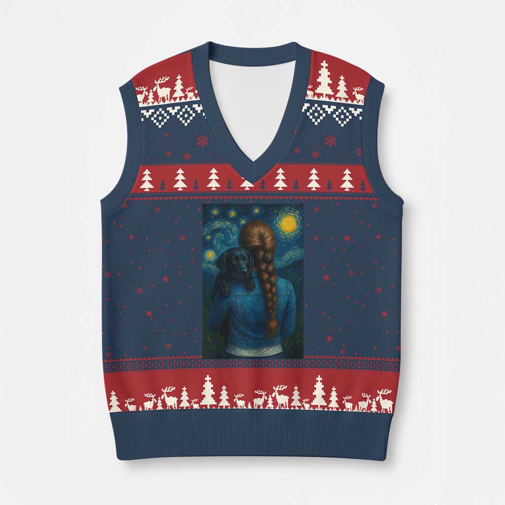 Starry Night Art Parody V-Neck Knit Sweater Vest Girl And Labrador Retriever Dog Mom Gift TS12 Navy Red Print Your Wear