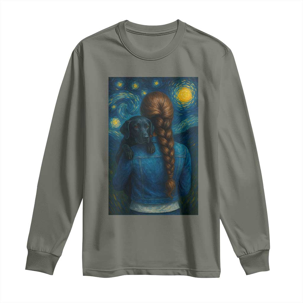 Starry Night Art Parody Long Sleeve Shirt Girl And Labrador Retriever Dog Mom Gift TS12 Military Green Print Your Wear