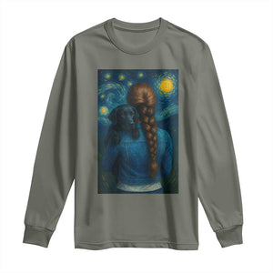 Starry Night Art Parody Long Sleeve Shirt Girl And Labrador Retriever Dog Mom Gift TS12 Military Green Print Your Wear