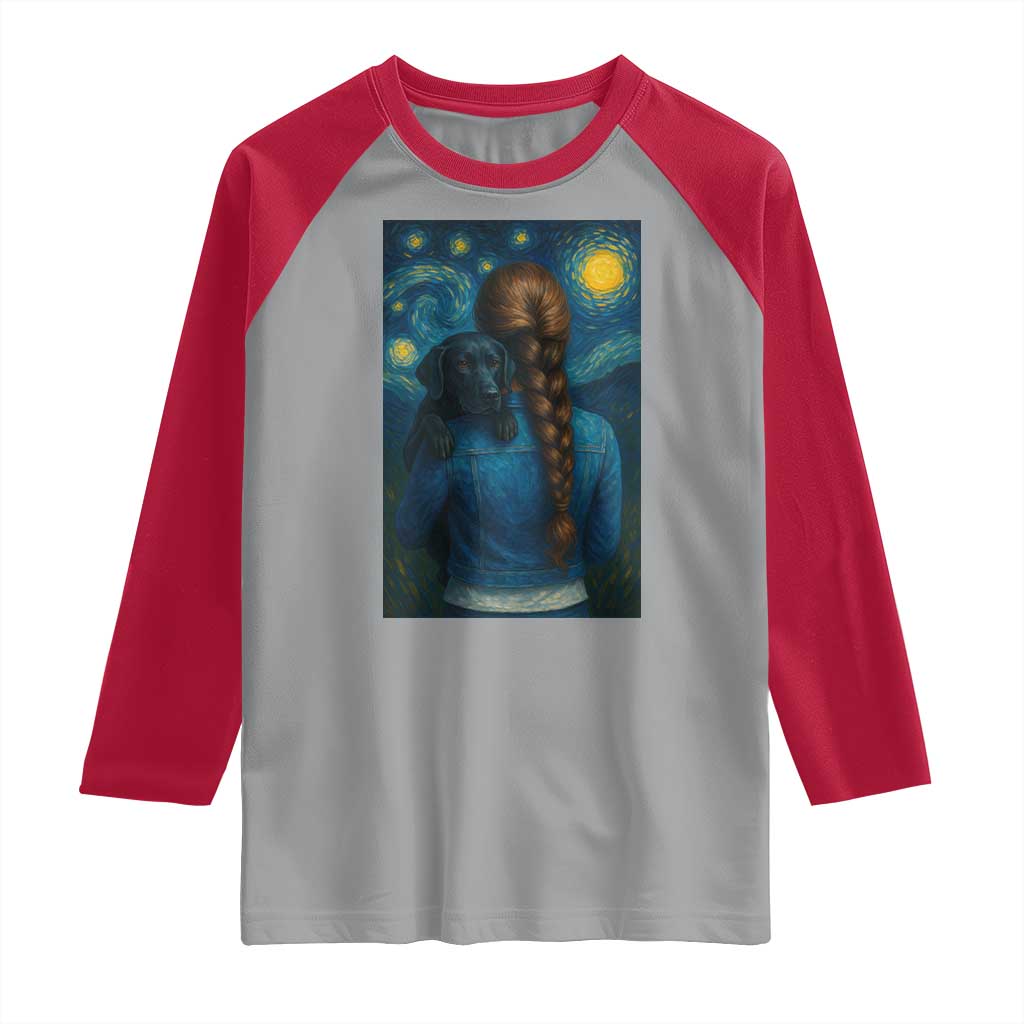 Starry Night Art Parody Raglan Shirt Girl And Labrador Retriever Dog Mom Gift TS12 Sport Gray Red Print Your Wear
