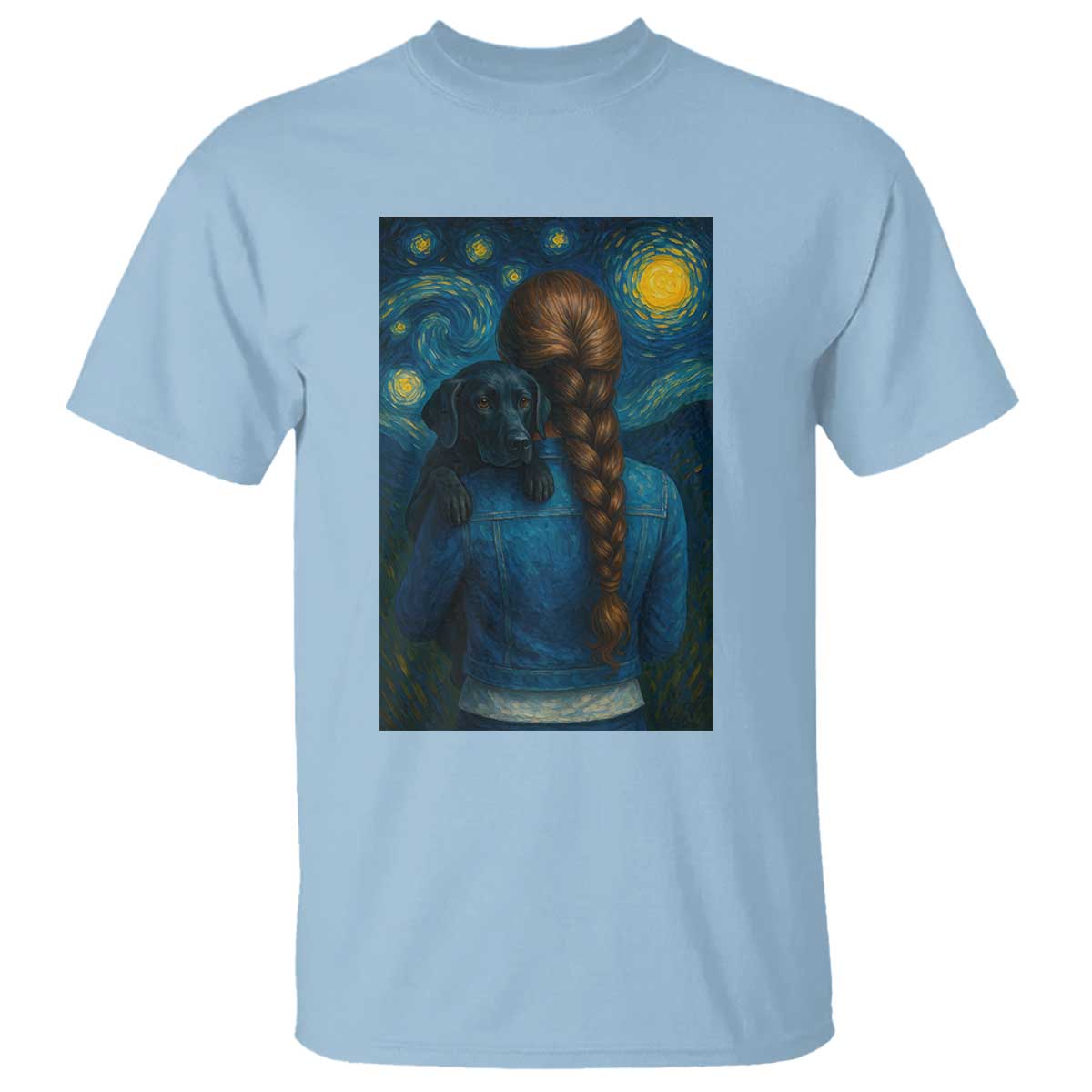Starry Night Art Parody T Shirt Girl And Labrador Retriever Dog Mom Gift TS12 Light Blue Print Your Wear