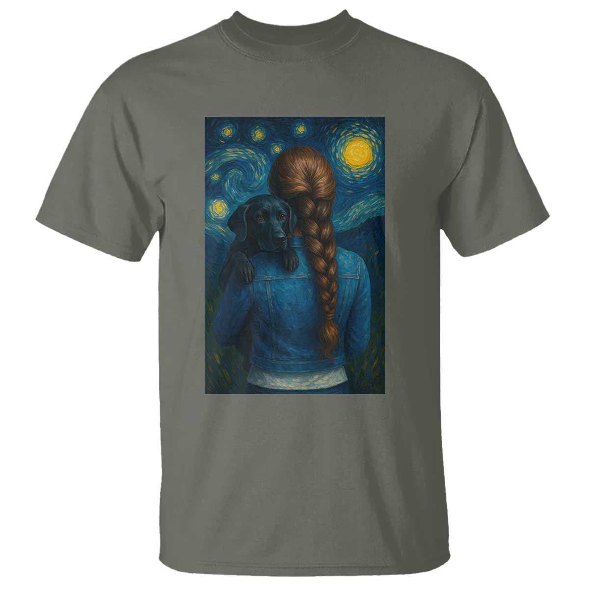 Starry Night Art Parody T Shirt Girl And Labrador Retriever Dog Mom Gift TS12 Military Green Print Your Wear