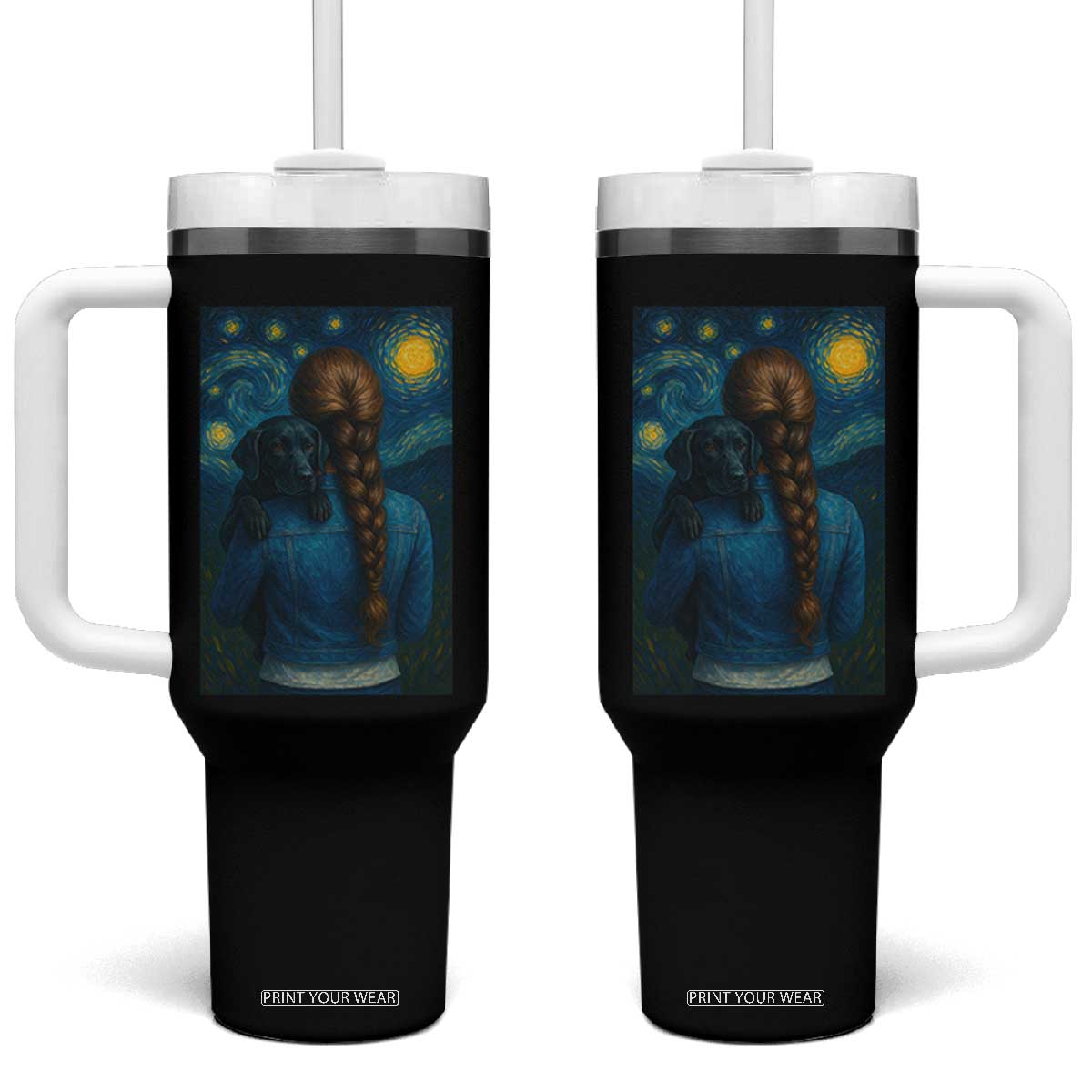 Starry Night Art Parody Tumbler With Handle Girl And Labrador Retriever Dog Mom Gift TS12 One Size: 40 oz Black Print Your Wear