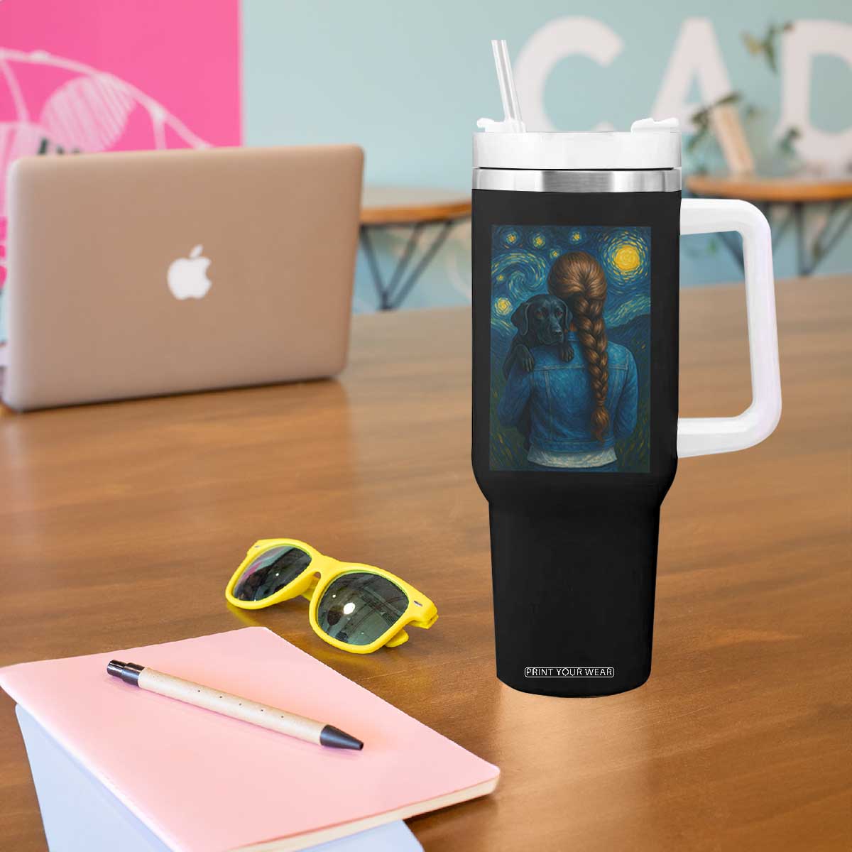 Starry Night Art Parody Tumbler With Handle Girl And Labrador Retriever Dog Mom Gift TS12 Print Your Wear