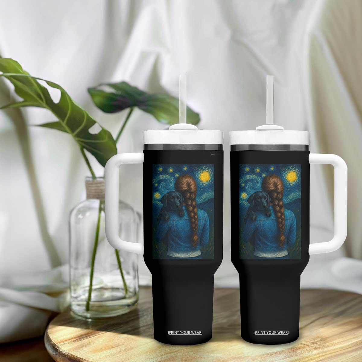 Starry Night Art Parody Tumbler With Handle Girl And Labrador Retriever Dog Mom Gift TS12 Print Your Wear