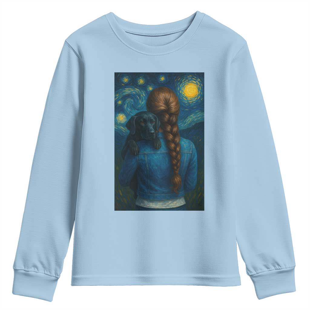 Starry Night Art Parody Youth Sweatshirt Girl And Labrador Retriever Dog Mom Gift TS12 Light Blue Print Your Wear
