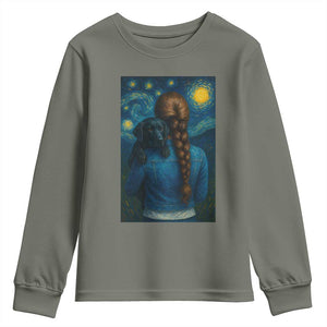 Starry Night Art Parody Youth Sweatshirt Girl And Labrador Retriever Dog Mom Gift TS12 Military Green Print Your Wear