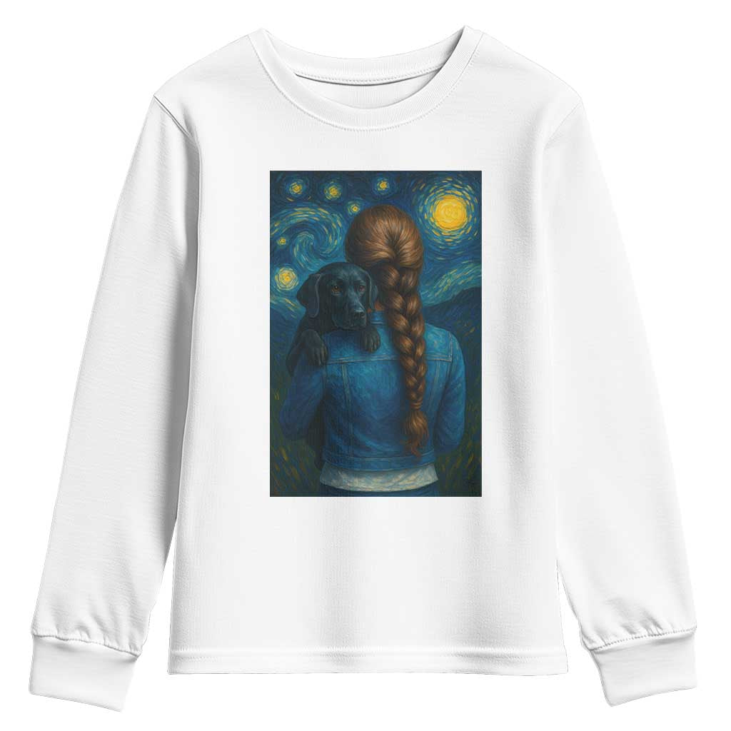 Starry Night Art Parody Youth Sweatshirt Girl And Labrador Retriever Dog Mom Gift TS12 White Print Your Wear