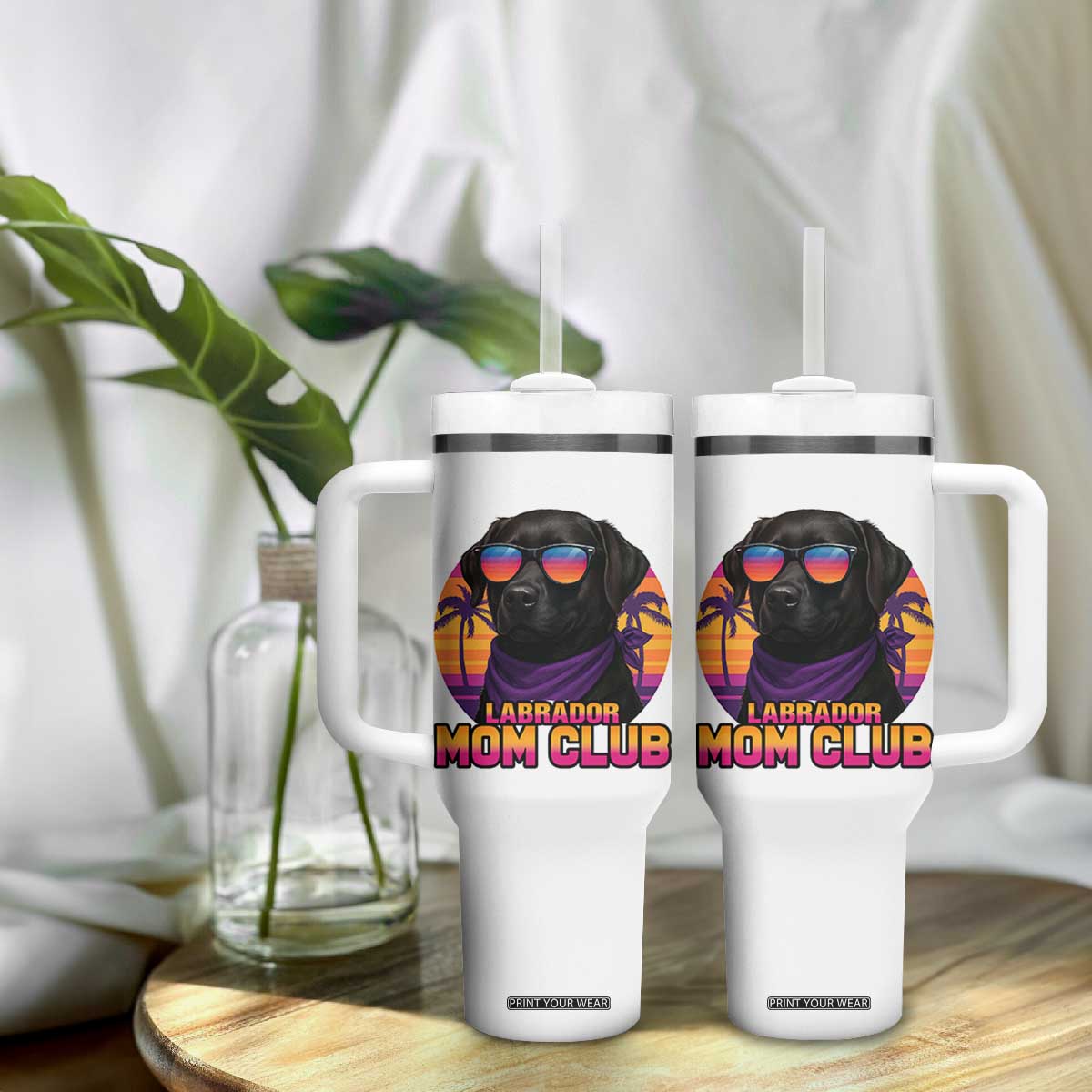 Funny Black Labrador Tumbler With Handle Dog Mom Retro Sunset Gift TS12 Print Your Wear