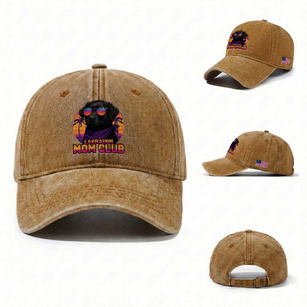 Funny Black Labrador Washed Cotton Baseball Cap Dog Mom Retro Sunset Gift TS12 Washed Cap Universal Fit Yellow Ochre Print Your Wear