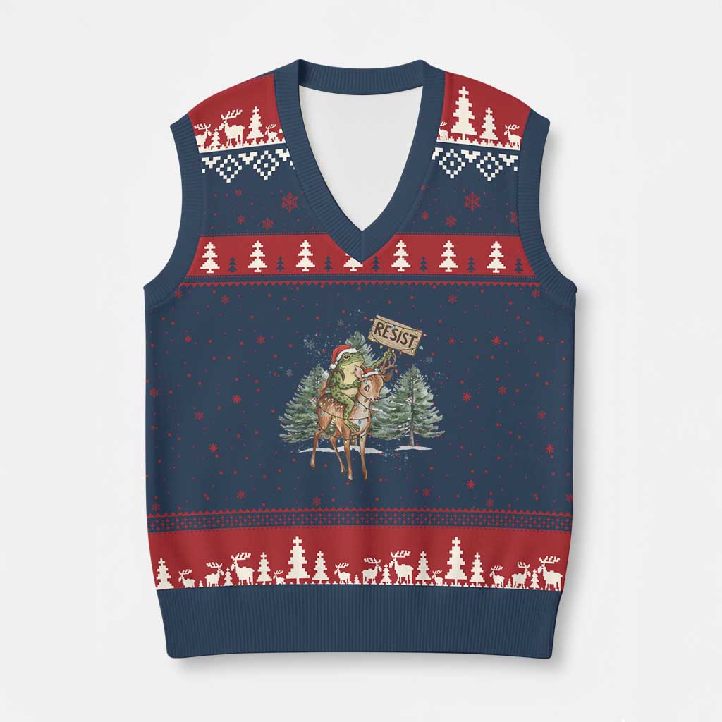 Resist Portland Frog Protest Xmas V-Neck Knit Sweater Vest Funny Holiday Meme Gift Idea - Print Your Wear
