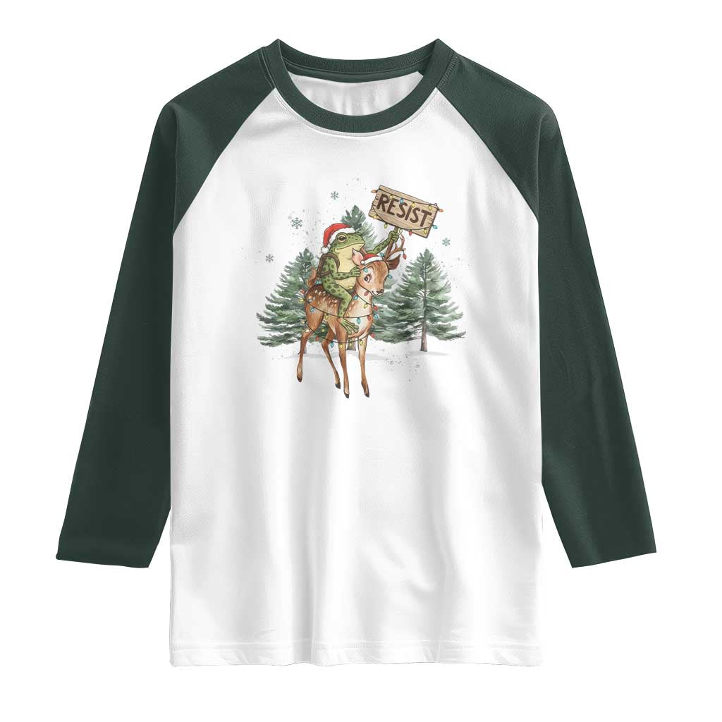 Resist Portland Frog Protest Christmas Raglan Shirt Funny Holiday Meme Gift Idea TS12 White Dark Forest Green Print Your Wear