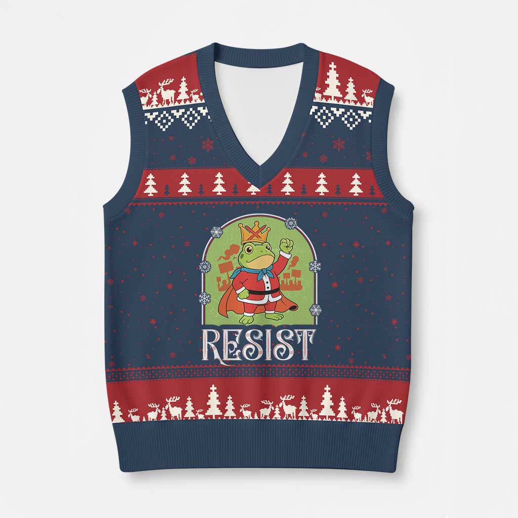 Resist Portland Frog Protest V-Neck Knit Sweater Vest Funny No Kings Xmas Gift - Print Your Wear