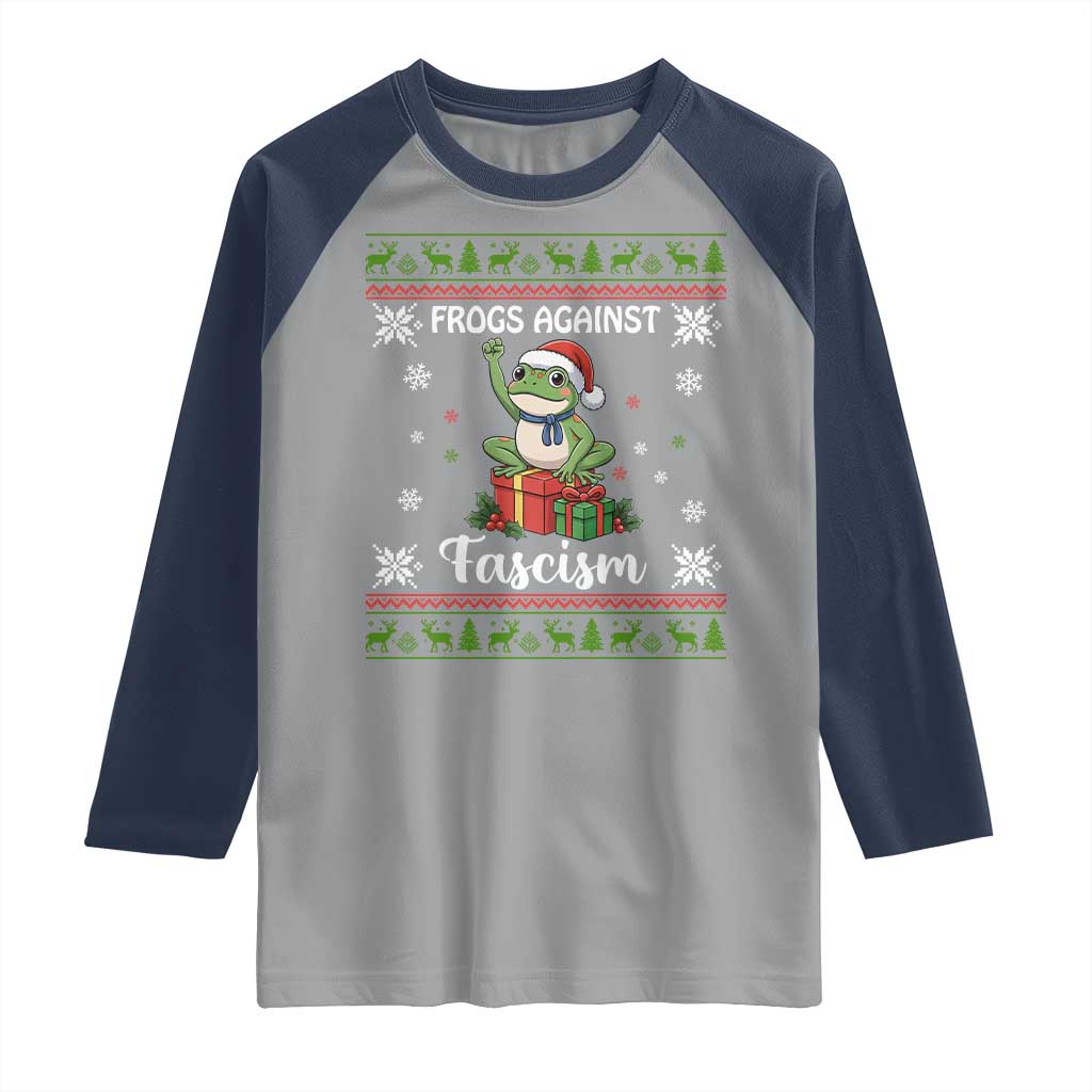 Frogs Against Fascism Ugly Sweater Raglan Shirt Funny Portland Christmas Frog Gift TS12 Sport Gray Navy Print Your Wear