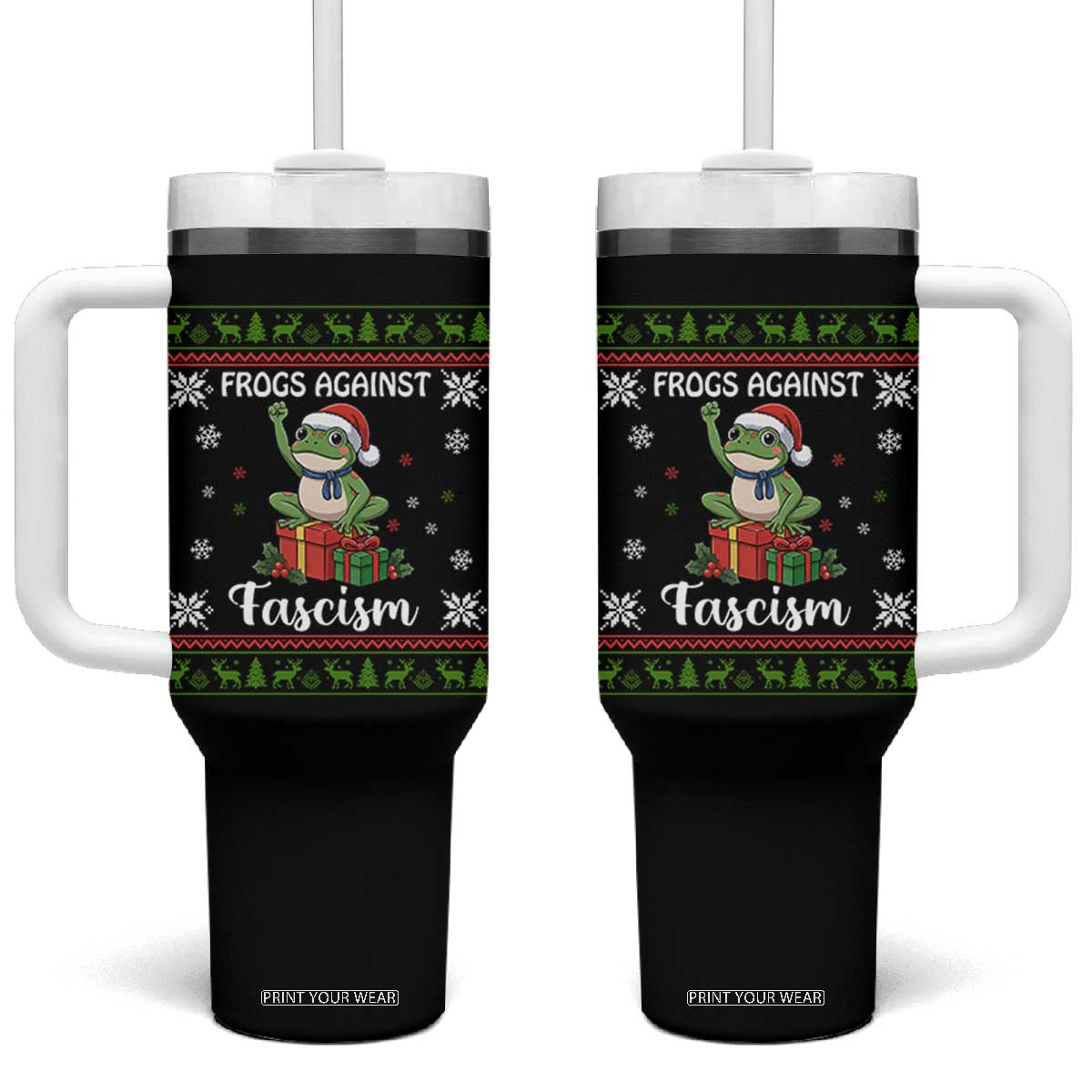 Frogs Against Fascism Ugly Sweater Tumbler With Handle Funny Portland Christmas Frog Gift TS12 One Size: 40 oz Black Print Your Wear