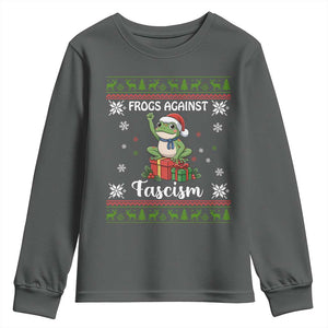 Frogs Against Fascism Ugly Sweater Youth Sweatshirt Funny Portland Christmas Frog Gift TS12 Dark Heather Print Your Wear
