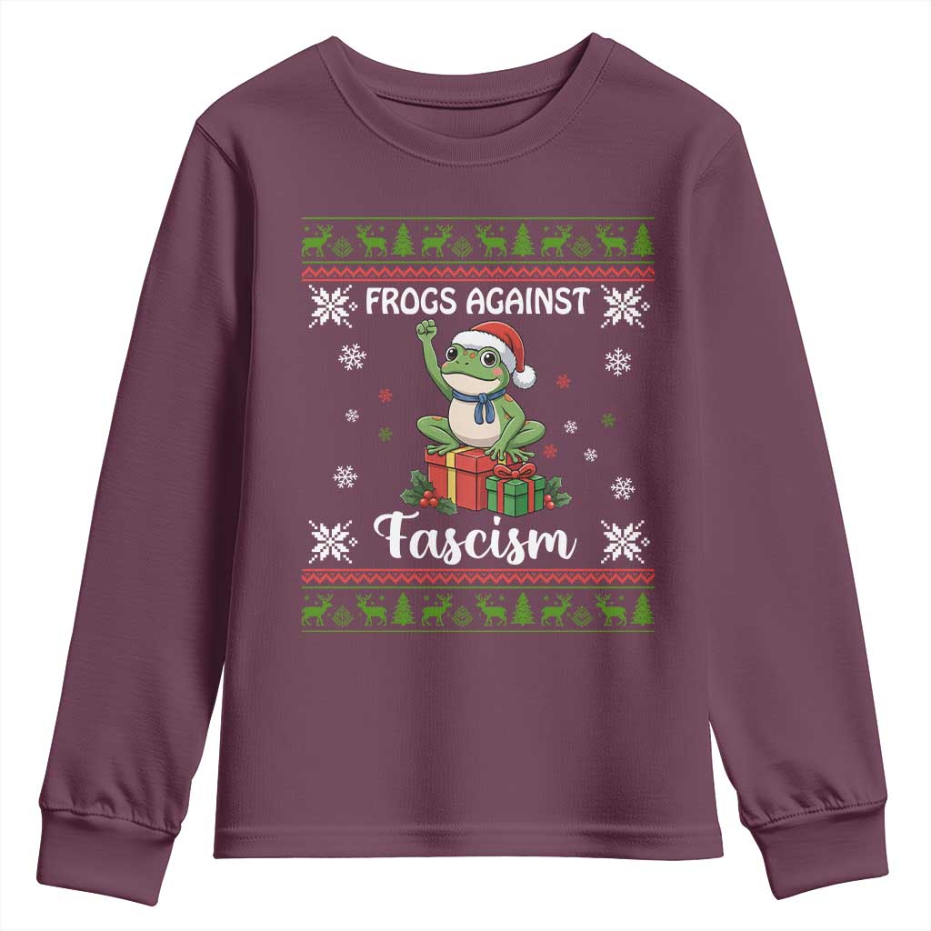 Frogs Against Fascism Ugly Sweater Youth Sweatshirt Funny Portland Christmas Frog Gift TS12 Maroon Print Your Wear
