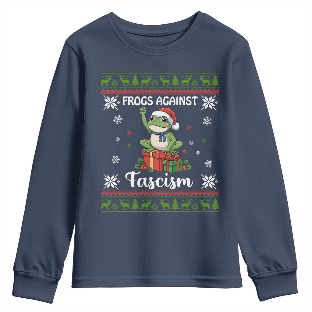 Frogs Against Fascism Ugly Sweater Youth Sweatshirt Funny Portland Christmas Frog Gift TS12 Navy Print Your Wear