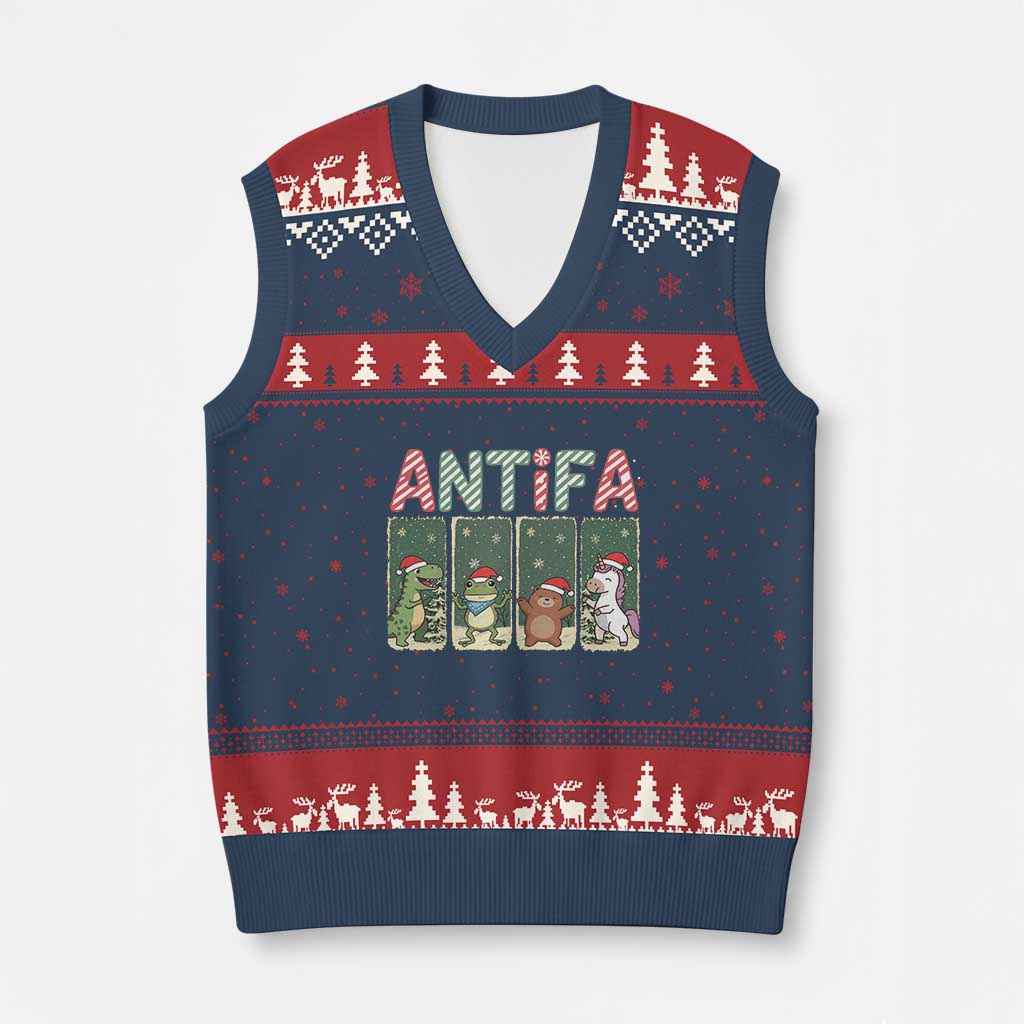Funny Xmas Frogtifa V-Neck Knit Sweater Vest Portland Resist Frog Protest - Print Your Wear