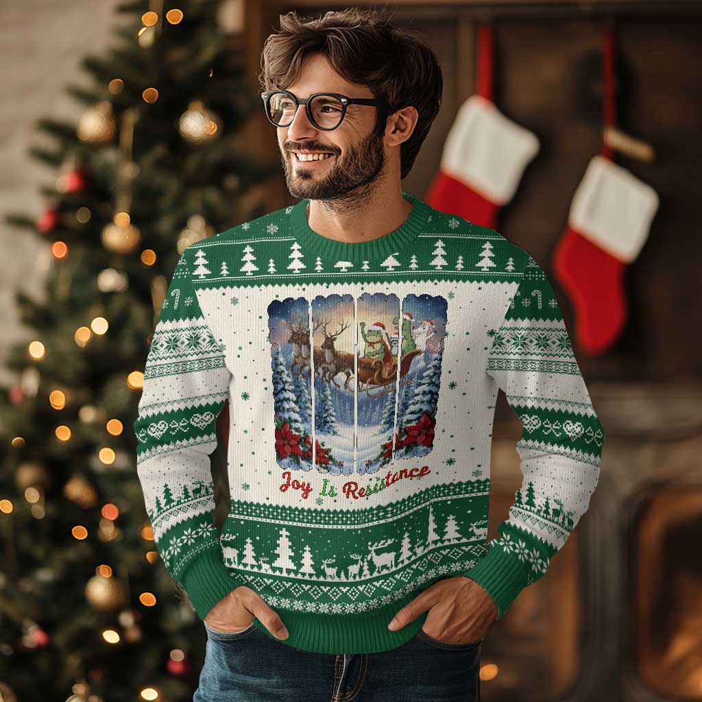 Joy Is Resistance Portland Frog Protest Ugly Christmas Sweater Funny Holiday Meme Gift Idea TS12 Beige Green Print Your Wear