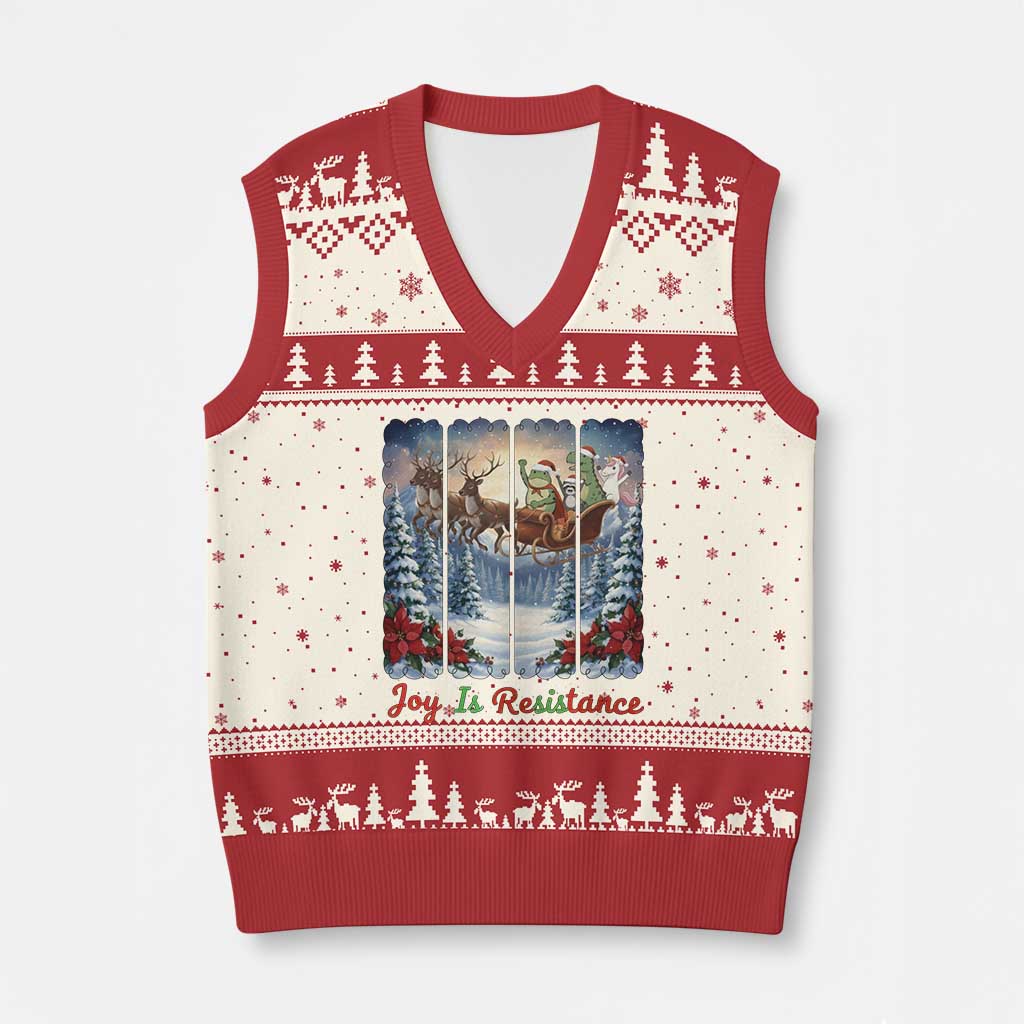 Joy Is Resistance Portland Frog Protest V-Neck Knit Sweater Vest Funny Holiday Meme Gift Idea TS12 Beige Red Print Your Wear