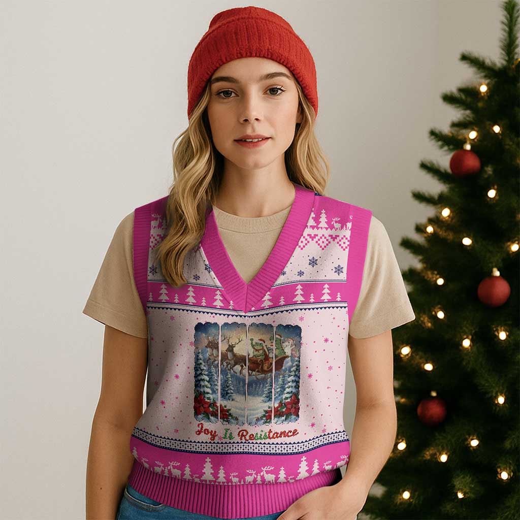 Joy Is Resistance Portland Frog Protest V-Neck Knit Sweater Vest Funny Holiday Meme Gift Idea TS12 Hot Pink Print Your Wear