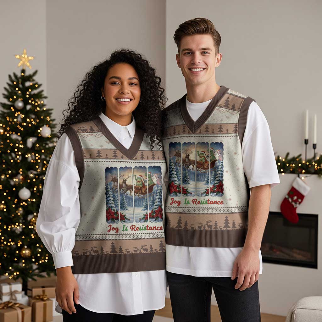 Joy Is Resistance Portland Frog Protest V-Neck Knit Sweater Vest Funny Holiday Meme Gift Idea TS12 Mocha Mousse Print Your Wear