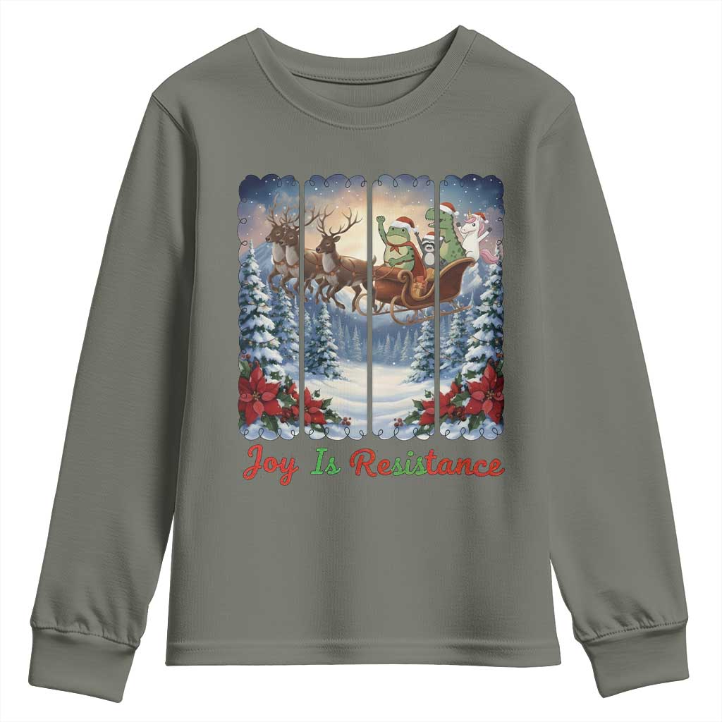 Joy Is Resistance Portland Frog Protest Youth Sweatshirt Funny Holiday Meme Gift Idea TS12 Military Green Print Your Wear