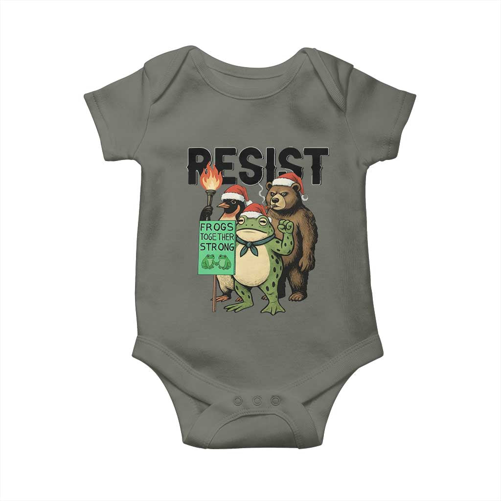 Funny Christmas Frogs Together Strong Baby Onesie Portland Resist Meme Gift TS12 Military Green Print Your Wear
