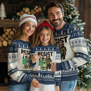 Funny Xmas Frogs Together Strong Ugly Christmas Sweater Portland Resist Meme Gift TS12 Beige Navy Print Your Wear