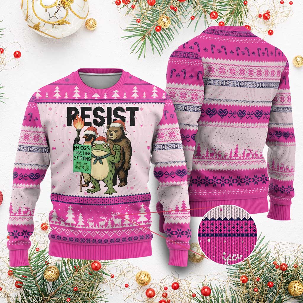 Funny Xmas Frogs Together Strong Ugly Christmas Sweater Portland Resist Meme Gift TS12 Hot Pink Print Your Wear