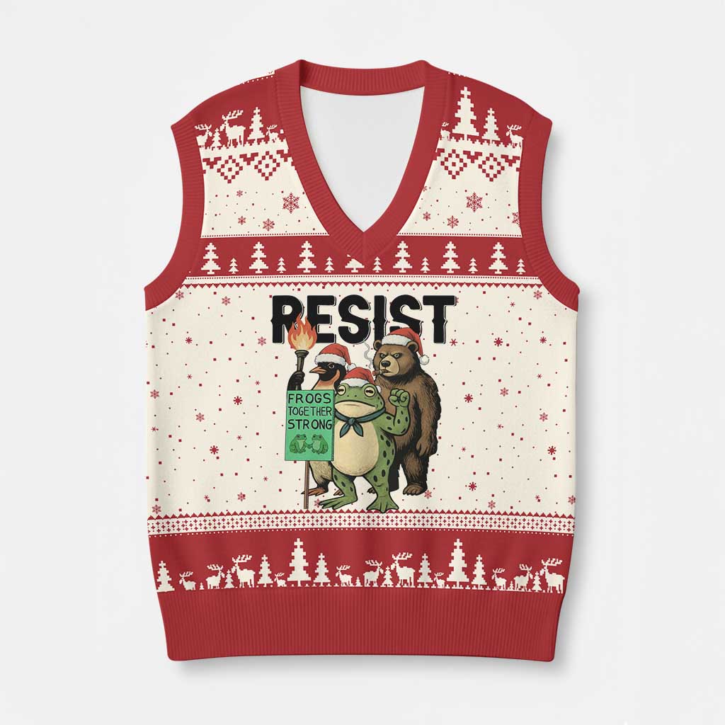 Funny Xmas Frogs Together Strong V-Neck Knit Sweater Vest Portland Resist Meme Gift - Print Your Wear
