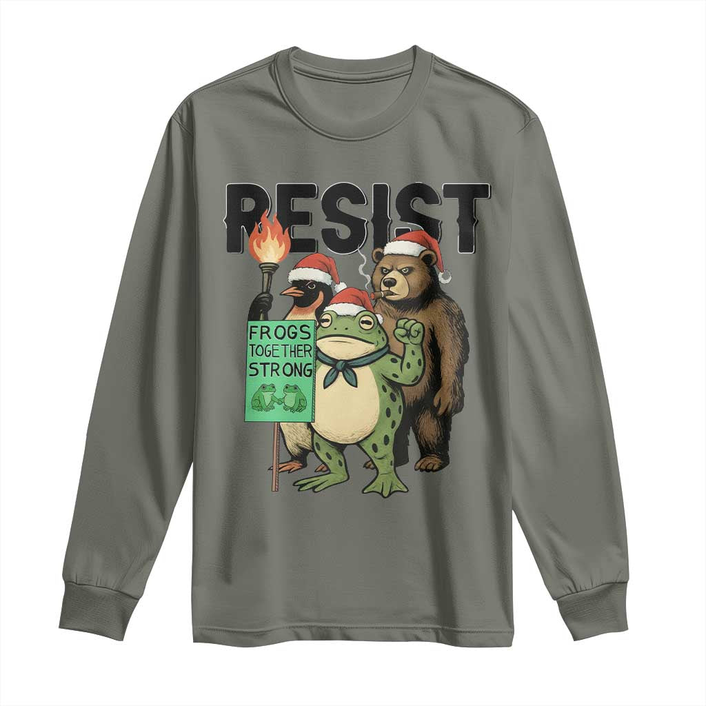Funny Christmas Frogs Together Strong Long Sleeve Shirt Portland Resist Meme Gift TS12 Military Green Print Your Wear