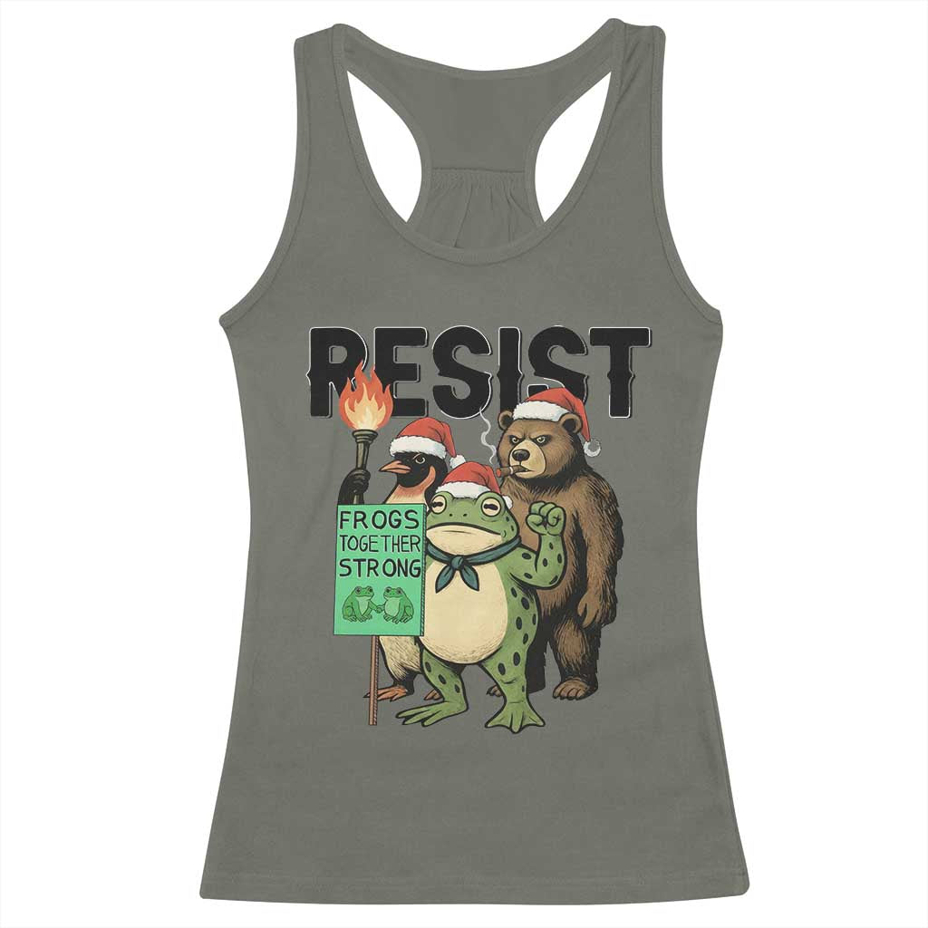 Funny Christmas Frogs Together Strong Racerback Tank Top Portland Resist Meme Gift TS12 Military Green Print Your Wear