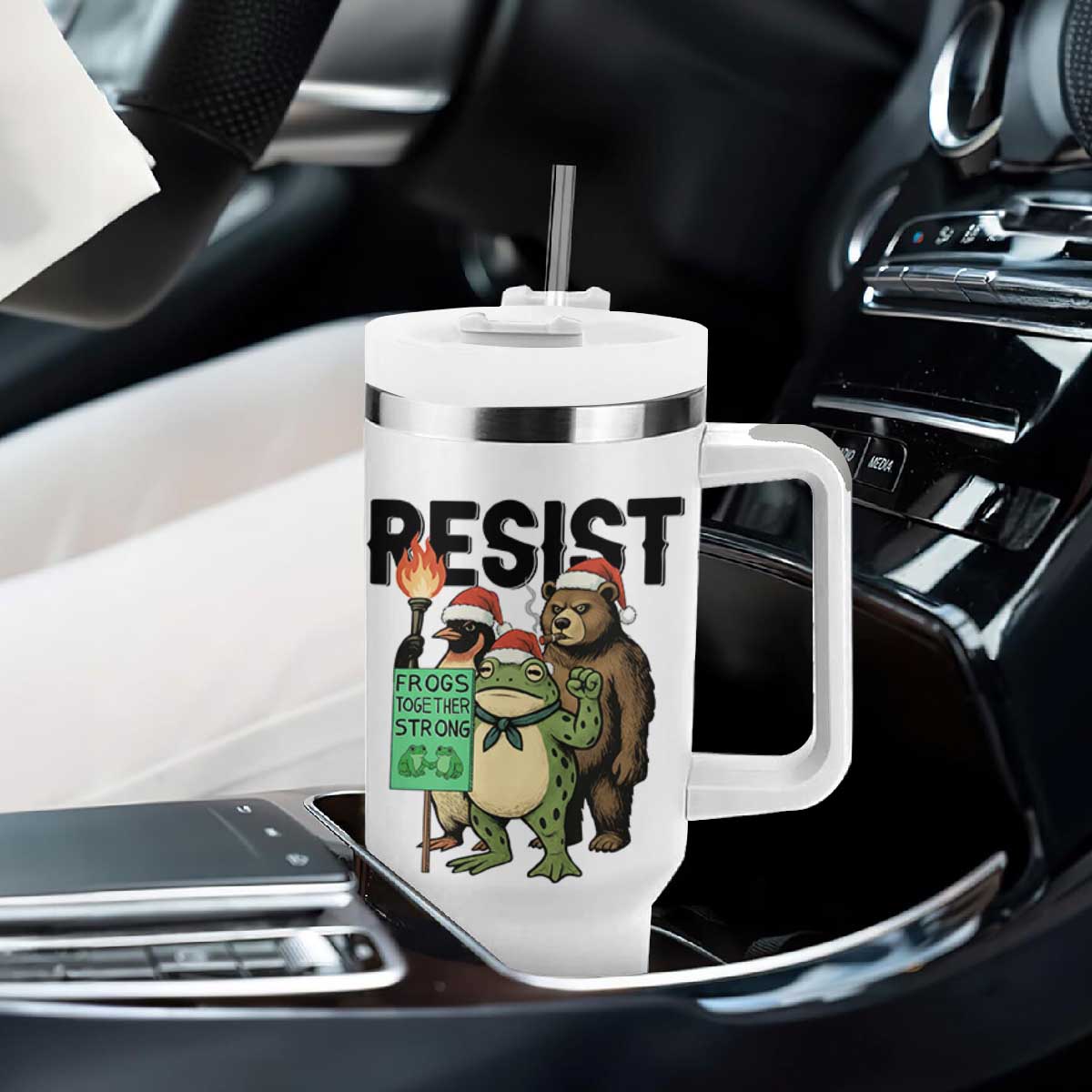 Funny Christmas Frogs Together Strong Tumbler With Handle Portland Resist Meme Gift - Print Your Wear