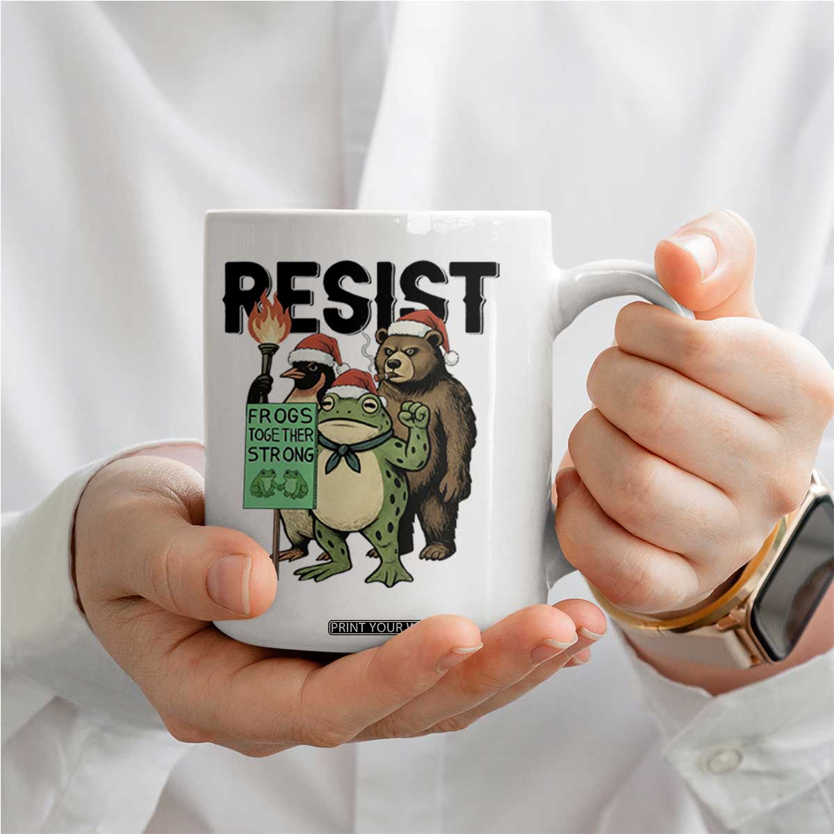 Funny Christmas Frogs Together Strong Coffee Mug Portland Resist Meme Gift TS12 Print Your Wear