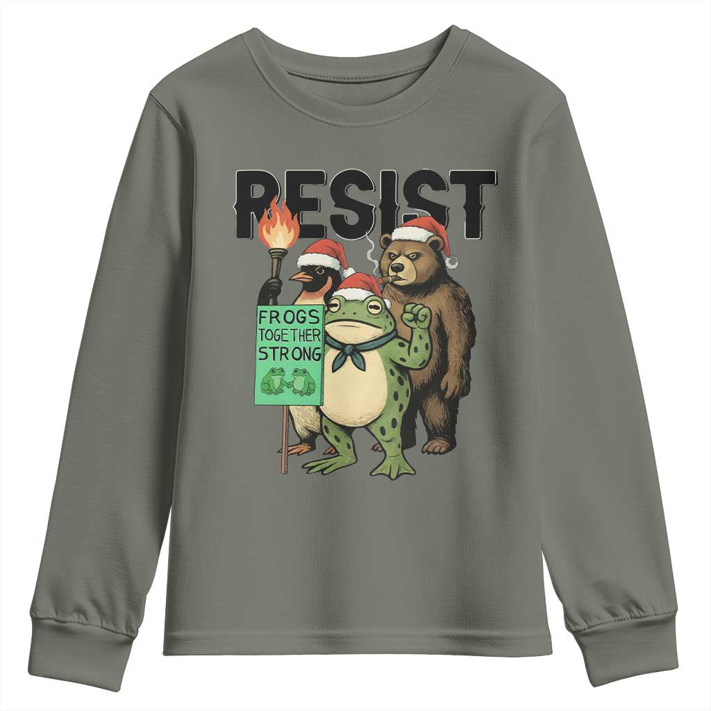 Funny Christmas Frogs Together Strong Youth Sweatshirt Portland Resist Meme Gift TS12 Military Green Print Your Wear