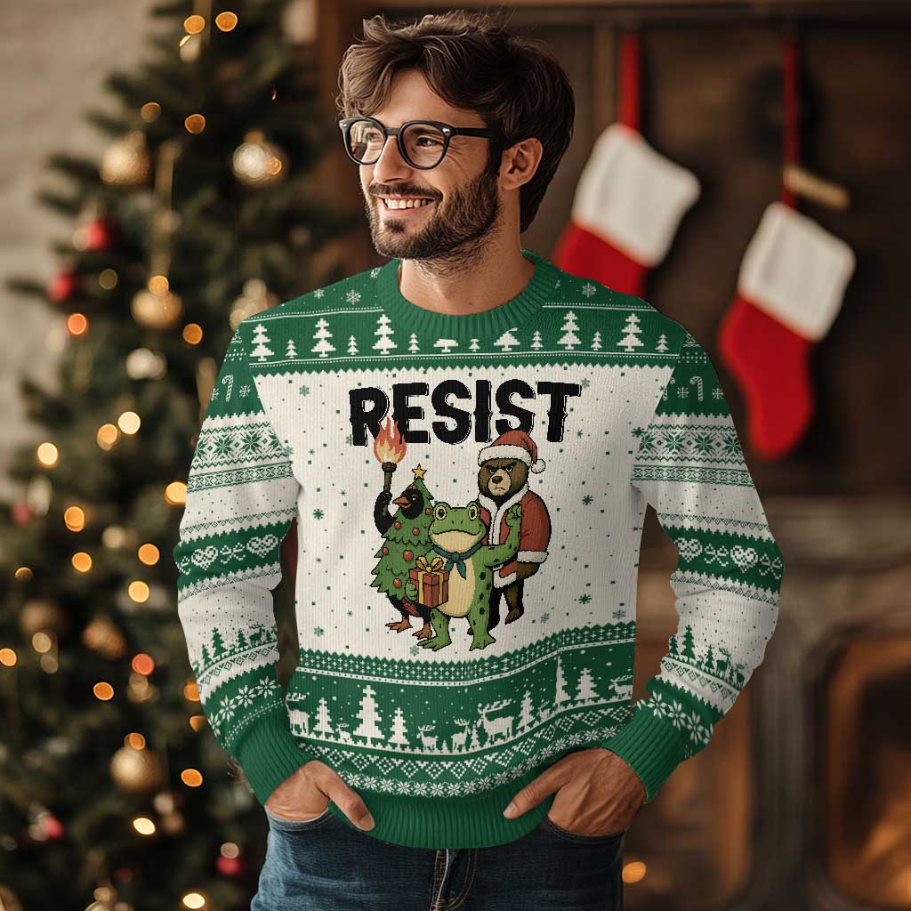 Portland Frog Protest Frogs Together Strong Ugly Christmas Sweater Funny Holiday Gift TS12 Beige Green Print Your Wear
