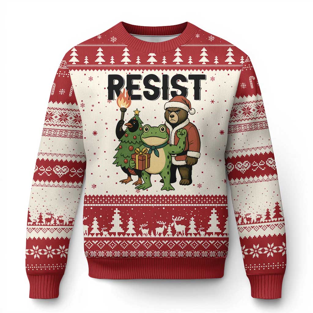 Portland Frog Protest Frogs Together Strong Ugly Christmas Sweater Funny Holiday Gift TS12 Beige Red Print Your Wear