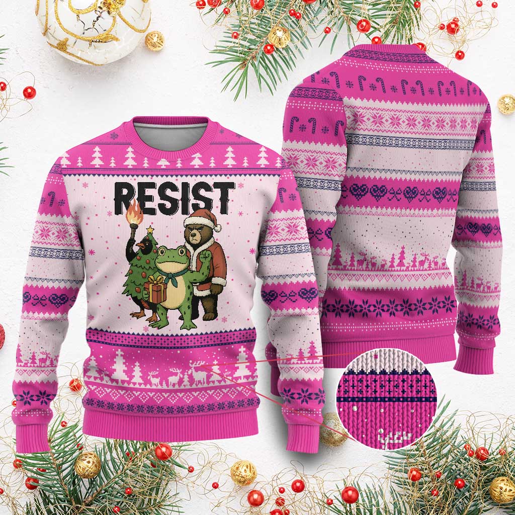 Portland Frog Protest Frogs Together Strong Ugly Christmas Sweater Funny Holiday Gift TS12 Hot Pink Print Your Wear