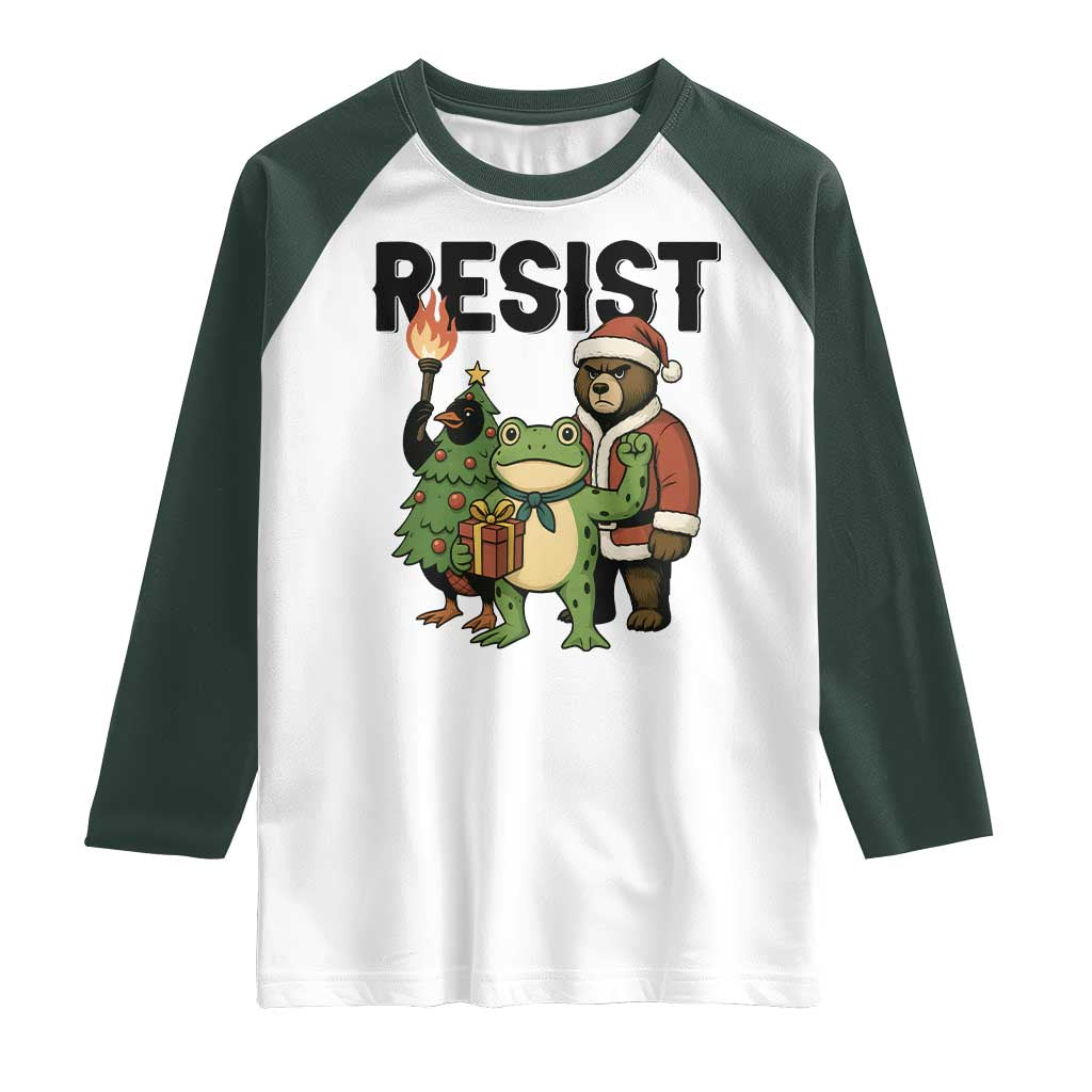 Portland Frog Protest Frogs Together Strong Raglan Shirt Funny Holiday Gift TS12 White Dark Forest Green Print Your Wear