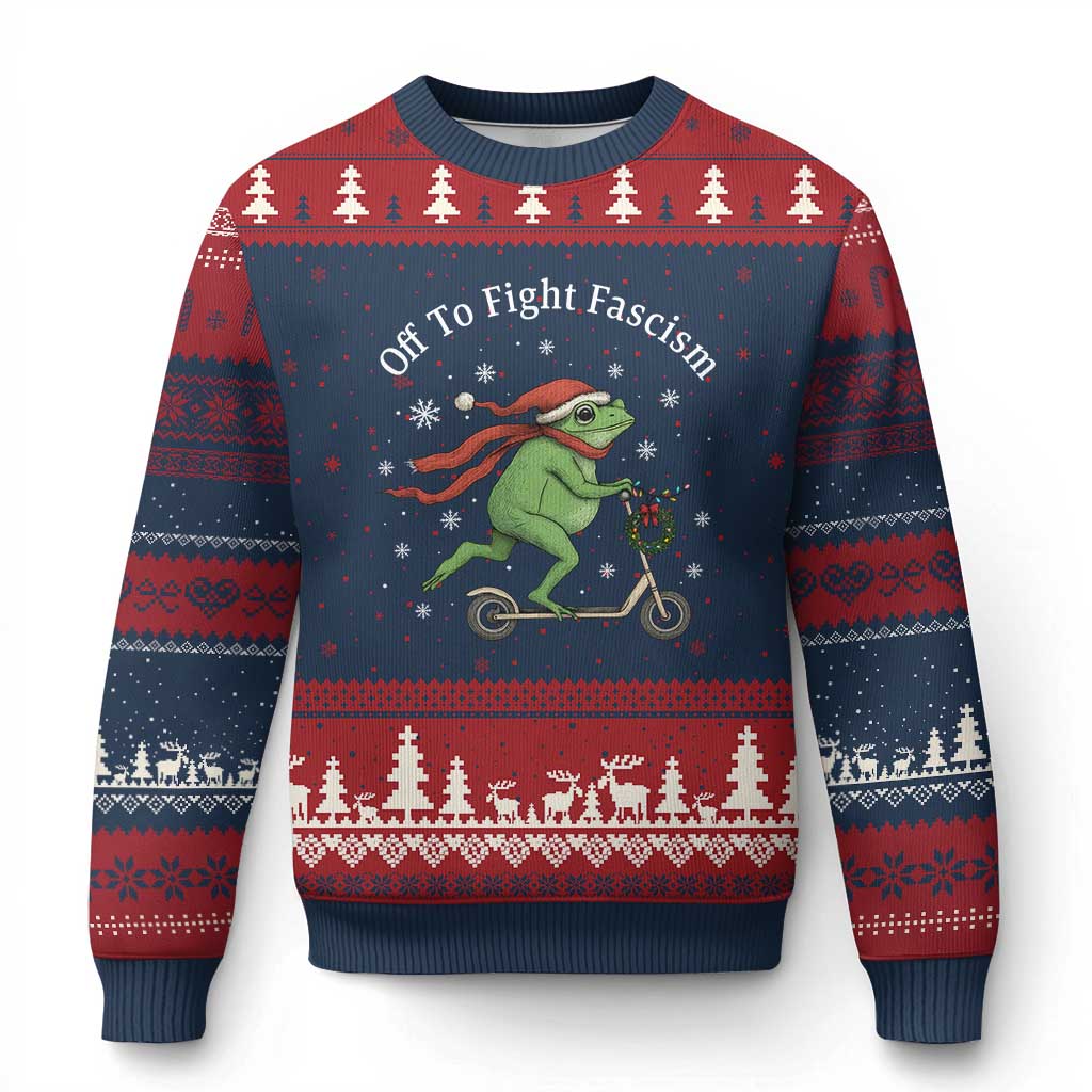 Portland Frog Protest Off To Fight Fascism Ugly Christmas Sweater Funny Xmas Gift TS12 Navy Red Print Your Wear