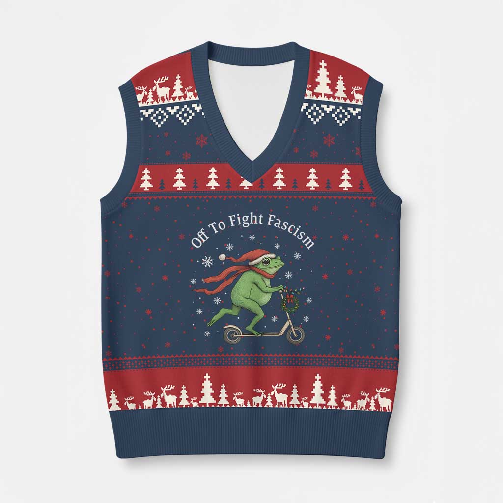 Portland Frog Protest Off To Fight Fascism V-Neck Knit Sweater Vest Funny Xmas Gift TS12 Navy Red Print Your Wear