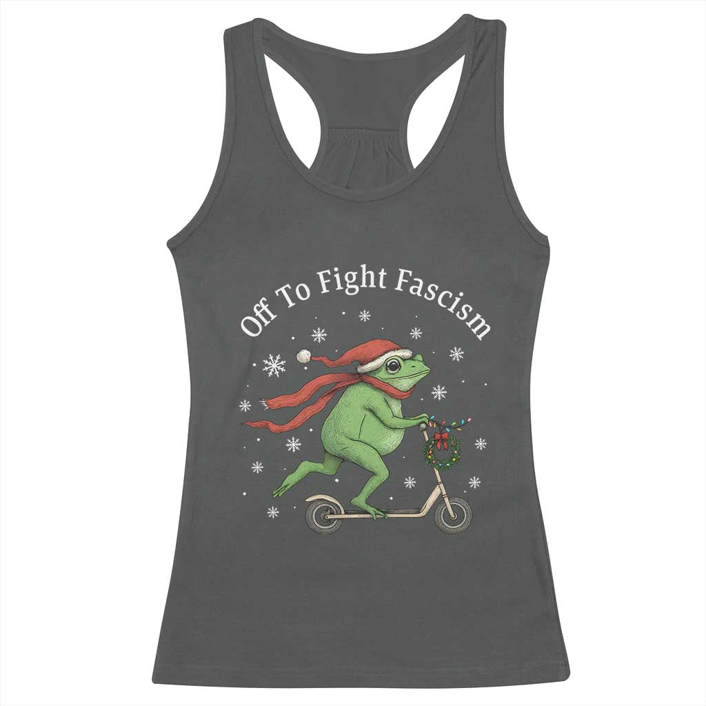 Portland Frog Protest Off To Fight Fascism Racerback Tank Top Funny Christmas Gift TS12 Dark Heather Print Your Wear