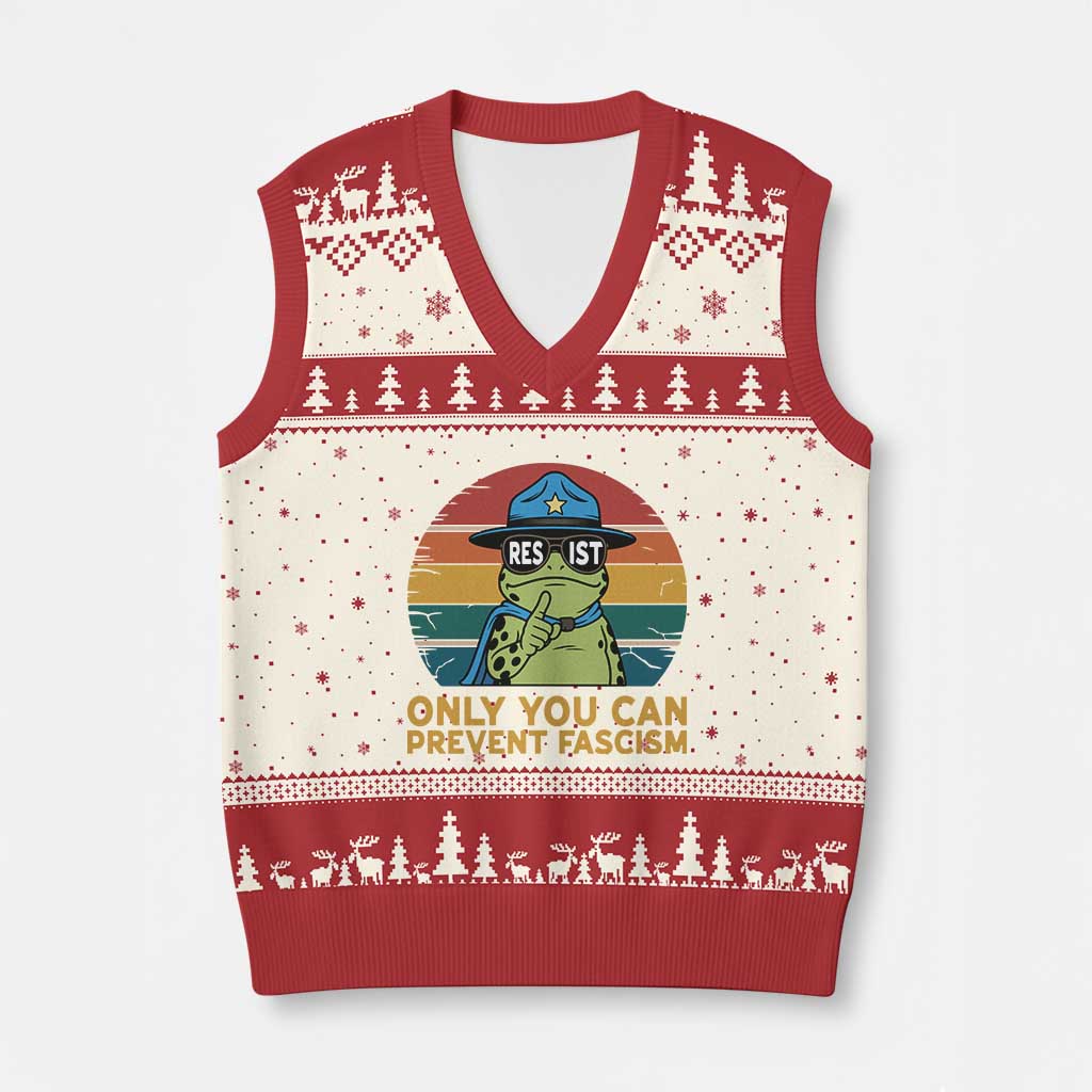 Only You Can Prevent Fascism V-Neck Knit Sweater Vest Funny Portland Frog Protest Gift TS12 Beige Red Print Your Wear