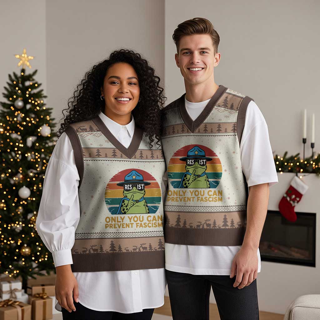 Only You Can Prevent Fascism V-Neck Knit Sweater Vest Funny Portland Frog Protest Gift TS12 Mocha Mousse Print Your Wear