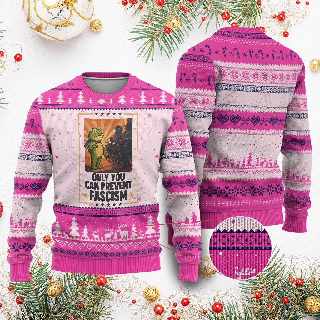 Funny Portland Frog Protest Ugly Christmas Sweater Only You Can Prevent Fascism Gift TS12 Hot Pink Print Your Wear